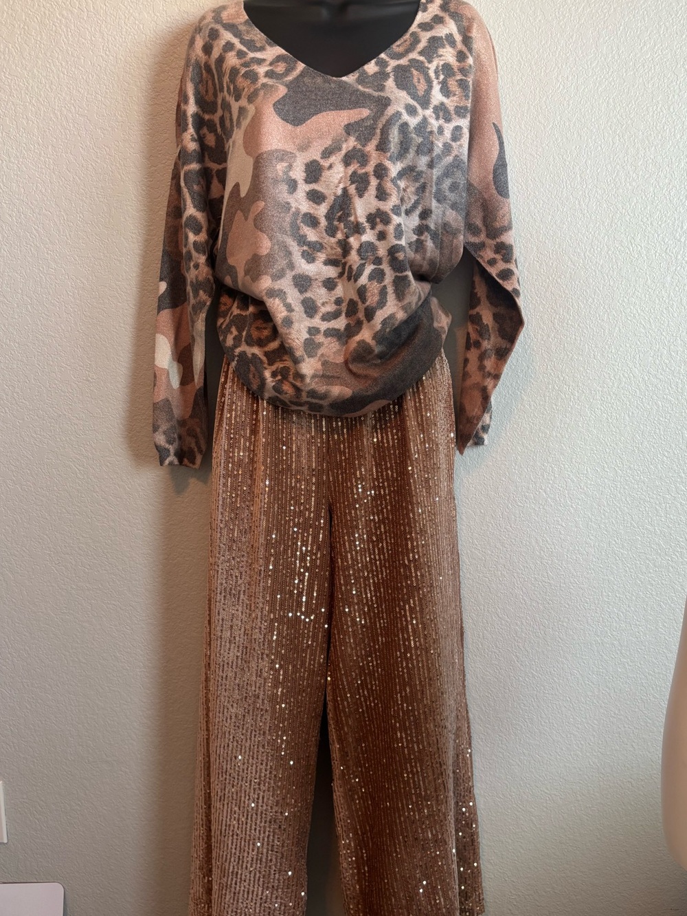 Brand Bazar Leopard Print V-Neck Top and Rose Gold Pants